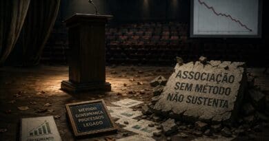 Palco escuro com um microfone sob holofote e uma placa em destaque na frente com a frase "ASSOCIAÇÃO SEM MÉTODO NÃO SUSTENTA" sobre um chão rachado.