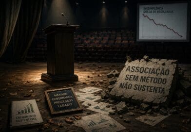 Palco escuro com um microfone sob holofote e uma placa em destaque na frente com a frase "ASSOCIAÇÃO SEM MÉTODO NÃO SUSTENTA" sobre um chão rachado.
