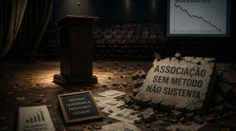 Palco escuro com um microfone sob holofote e uma placa em destaque na frente com a frase "ASSOCIAÇÃO SEM MÉTODO NÃO SUSTENTA" sobre um chão rachado.
